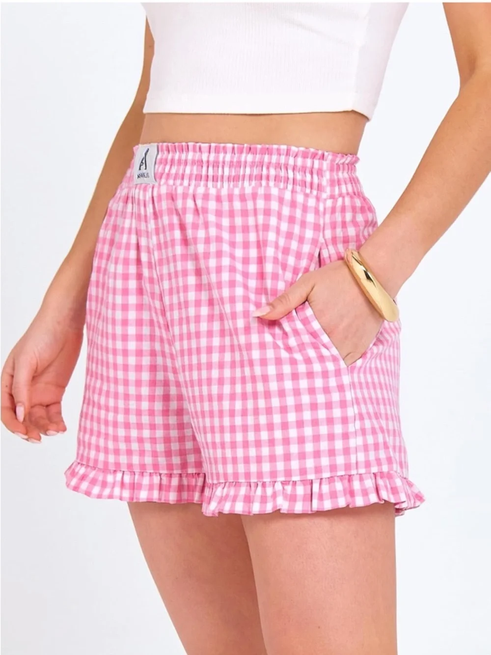 ANRABESS Women’s Boxer Shorts Pink Gingham Plaid Elastic Waist and Ruffles Small - Picture 3 of 4